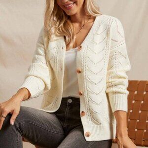 Suzanne Betro Ivory Pointelle V-Neck L/XL Cottagecore cardigan
